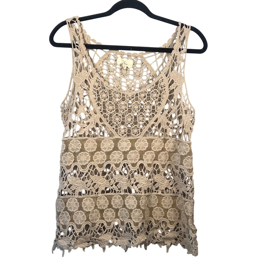 Love‎ Boho Cream Crochet Medium Tank Top Cottagecore Beach Vibes Costal Grandma
